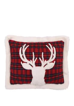 Best Pirce 🎁 Levtex Home Fur Deer on Red Plaid Pillow 🔥