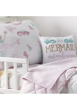 Brand new 🔥 Levtex Mermaid Toddler Bed Set - Pink, Aqua, Taupe - Floral - 5 Piece Set Includes Reversible Quilt, Fitted Sheet, Flat Sheet, Pillow Case, Decorative Pilow 👏